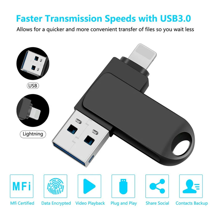 2 in 1 Card Reader 128GB OTG USB Flash Drive with 8Pin + USB 3.0 Port U Disk for iPhone Computer PC - Black - 2