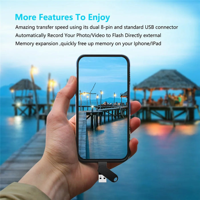 2 in 1 Card Reader 128GB OTG USB Flash Drive with 8Pin + USB 3.0 Port U Disk for iPhone Computer PC - Black - 6