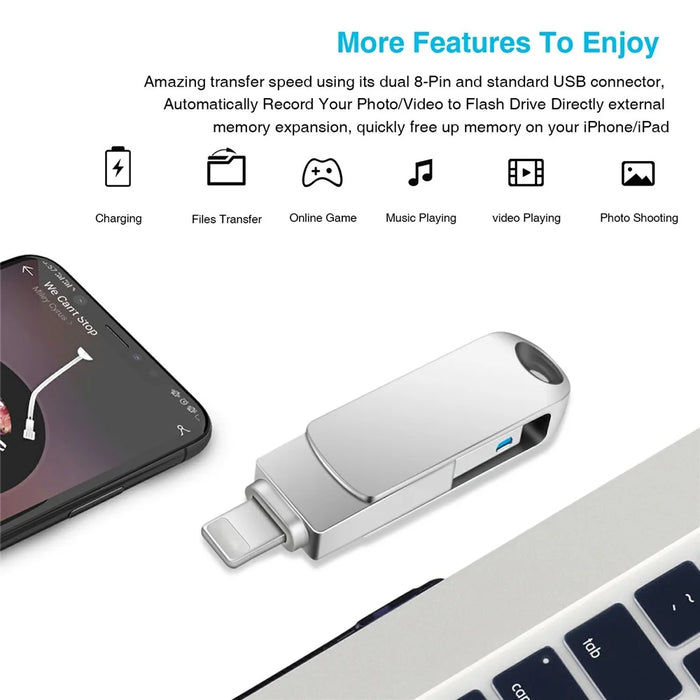 2 in 1 Card Reader 128GB OTG USB Flash Drive with 8Pin + USB 3.0 Port U Disk for iPhone Computer PC - Black - 7