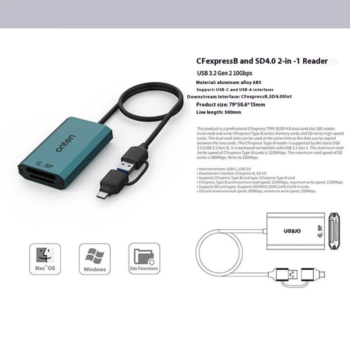 ONTEN OTN-P2 USB-C / USB3.0 UHS2 Dual Card Reader Cfexpress Type-B SDXC High-Speed Data Transfer Adapter - 7