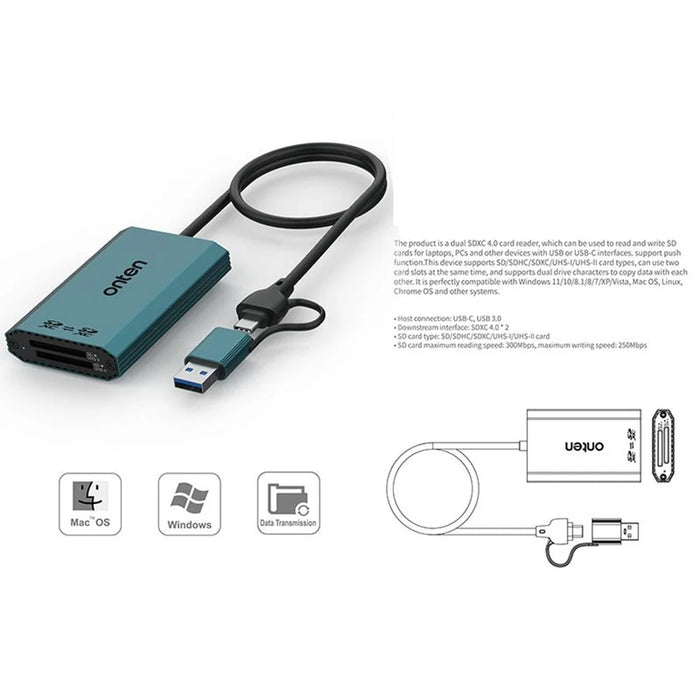ONTEN OTN-P5 USB-C / USB 3.0 to Dual SD Card Reader UHS-II Data Transfer Adapter for Laptop PC - 5