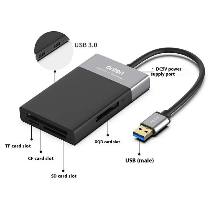 ONTEN OTN5215B SD TF CF XQD Card Reader 2xUSB3.0 6-in-1 Hub OTG Multi-Function Card Reader - 3