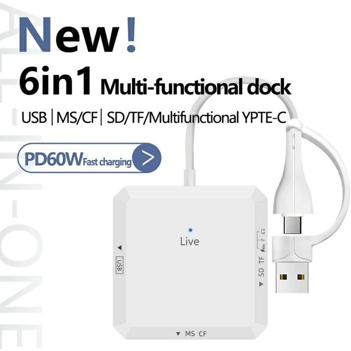 AJ1028 6 in 1 Card Reader USB Type-C Dual Port Data Hub TF SD MS CF USB PD 60W Charging Dock - 2
