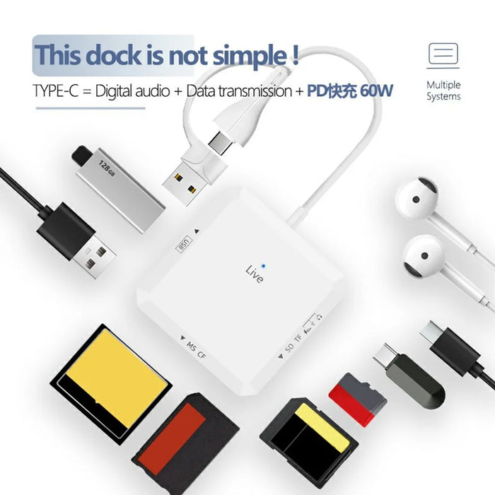 AJ1028 6 in 1 Card Reader USB Type-C Dual Port Data Hub TF SD MS CF USB PD 60W Charging Dock - 4