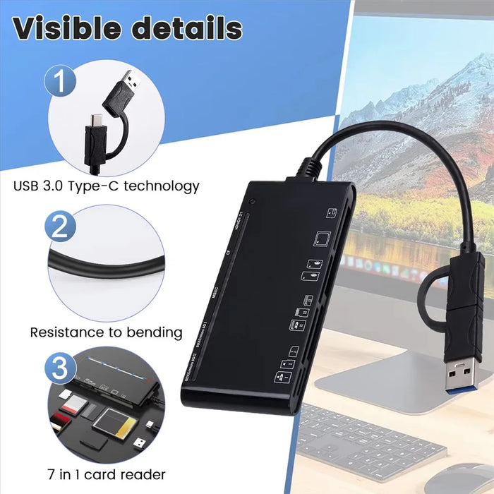 CR7 Type-C / USB 3.0 Multi-Function Card Reader CF / XD / MS / SD / TF Memory Card Reader for Phone Tablet Laptop PC - 3