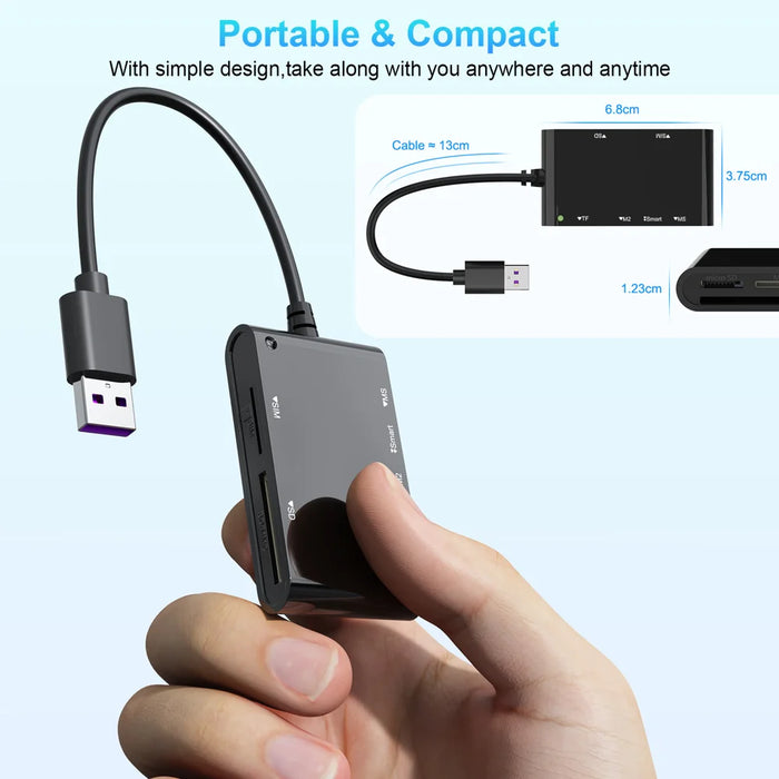 CR375-B 6-in-1 Multi-USB Smart Card Reader for Smart/MS/M2/TF/SIM/SD Cards Adapter Hub for Windows, Mac, Linux - 6