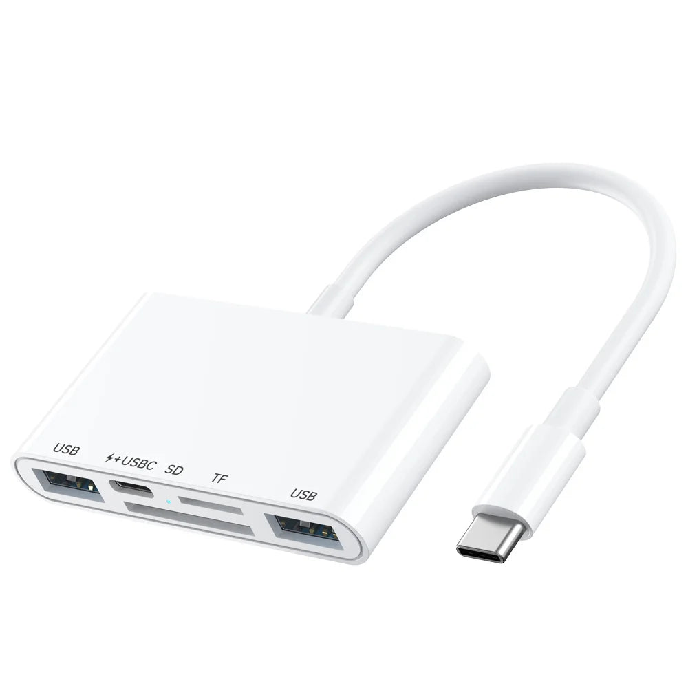 5 in 1 Type-C OTG Adapter USB-C to 2x USB 2.0, 1x USB-C PD 15W / SD TF Card Reader for iPhone/MacBook/USB C Devices - 1