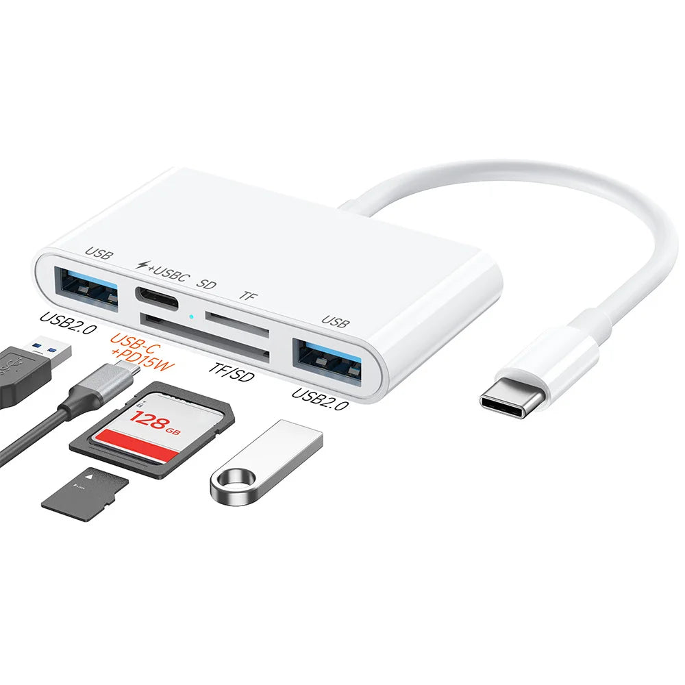 5 in 1 Type-C OTG Adapter USB-C to 2x USB 2.0, 1x USB-C PD 15W / SD TF Card Reader for iPhone/MacBook/USB C Devices - 2