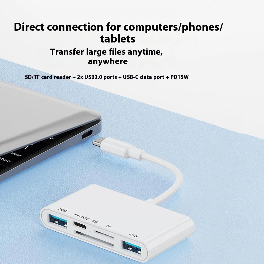 5 in 1 Type-C OTG Adapter USB-C to 2x USB 2.0, 1x USB-C PD 15W / SD TF Card Reader for iPhone/MacBook/USB C Devices - 3