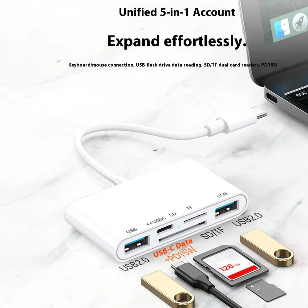 5 in 1 Type-C OTG Adapter USB-C to 2x USB 2.0, 1x USB-C PD 15W / SD TF Card Reader for iPhone/MacBook/USB C Devices - 4