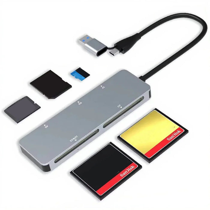CR307D 5-in-1 Aluminum USB3.0/Type-C Card Reader for CFast/CF/XD/SD/TF Cards High Speed Data Transfer - 5