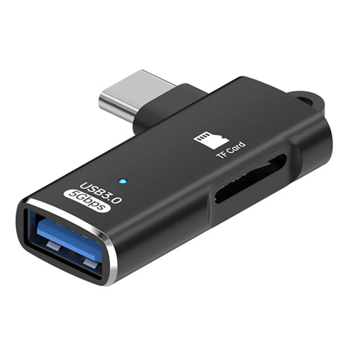 TYS-304 Angled Type-C OTG Adapter to USB 3.0 + TF Card Slot Converter for Mouse / Keyboard / Flash Drive / SSD - Black - 1
