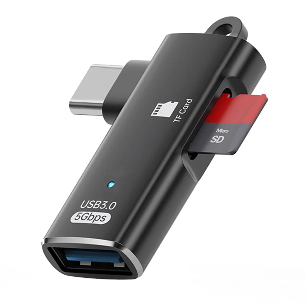 TYS-304 Angled Type-C OTG Adapter to USB 3.0 + TF Card Slot Converter for Mouse / Keyboard / Flash Drive / SSD - Black - 2
