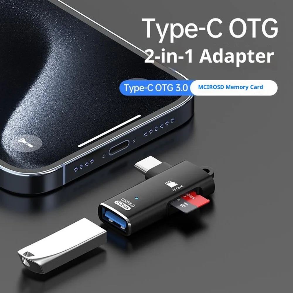 TYS-304 Angled Type-C OTG Adapter to USB 3.0 + TF Card Slot Converter for Mouse / Keyboard / Flash Drive / SSD - Black - 3