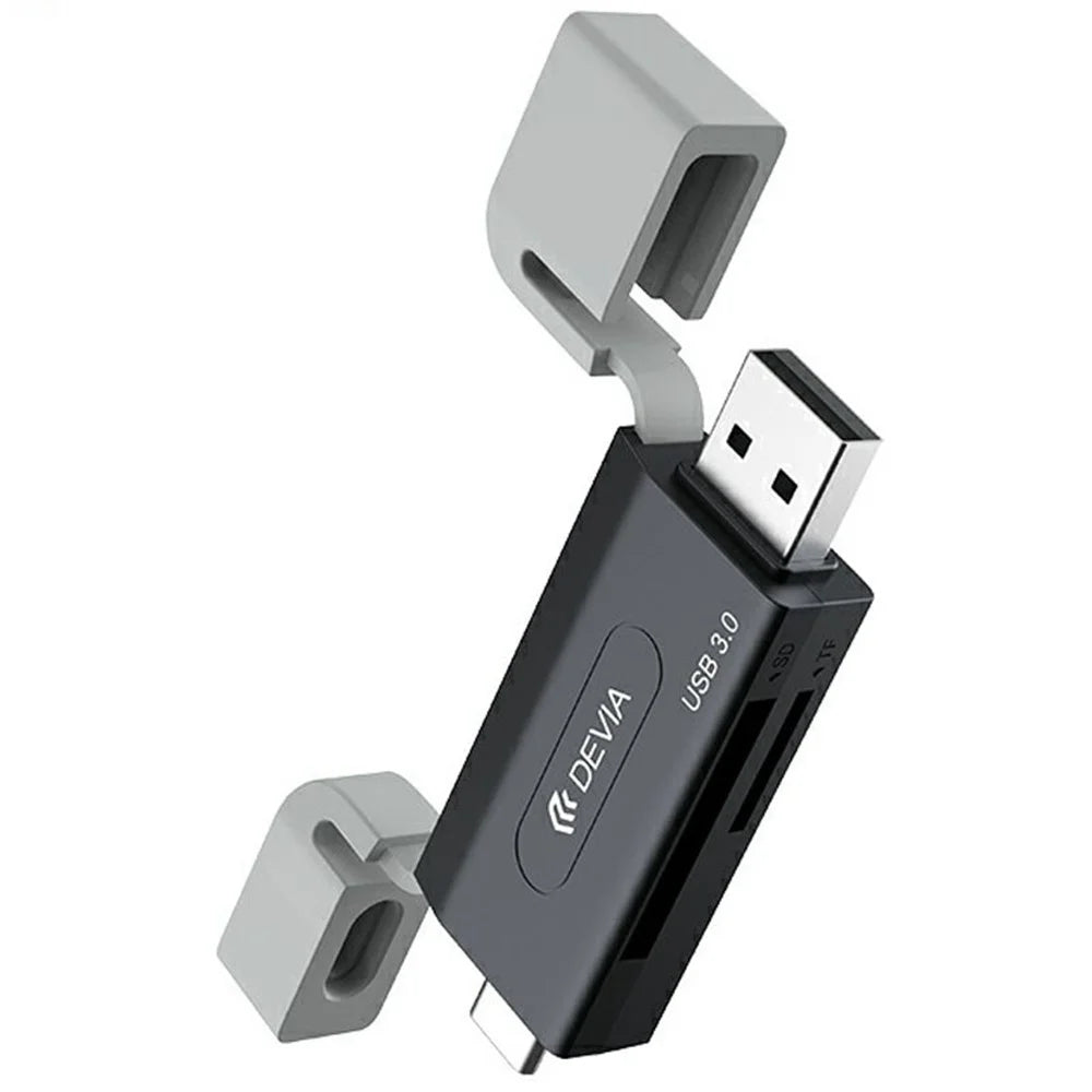 DEVIA Leopard Series USB + Type-C 3.0 to SD / TF 2 In 1 Card Reader High Speed Portable Multi Interface - Black - 1