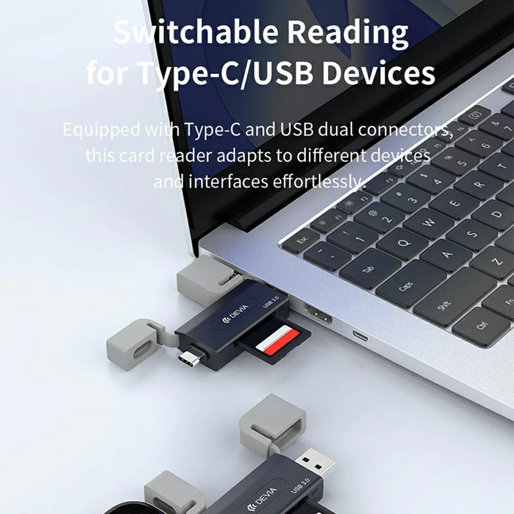 DEVIA Leopard Series USB + Type-C 3.0 to SD / TF 2 In 1 Card Reader High Speed Portable Multi Interface - Black - 3