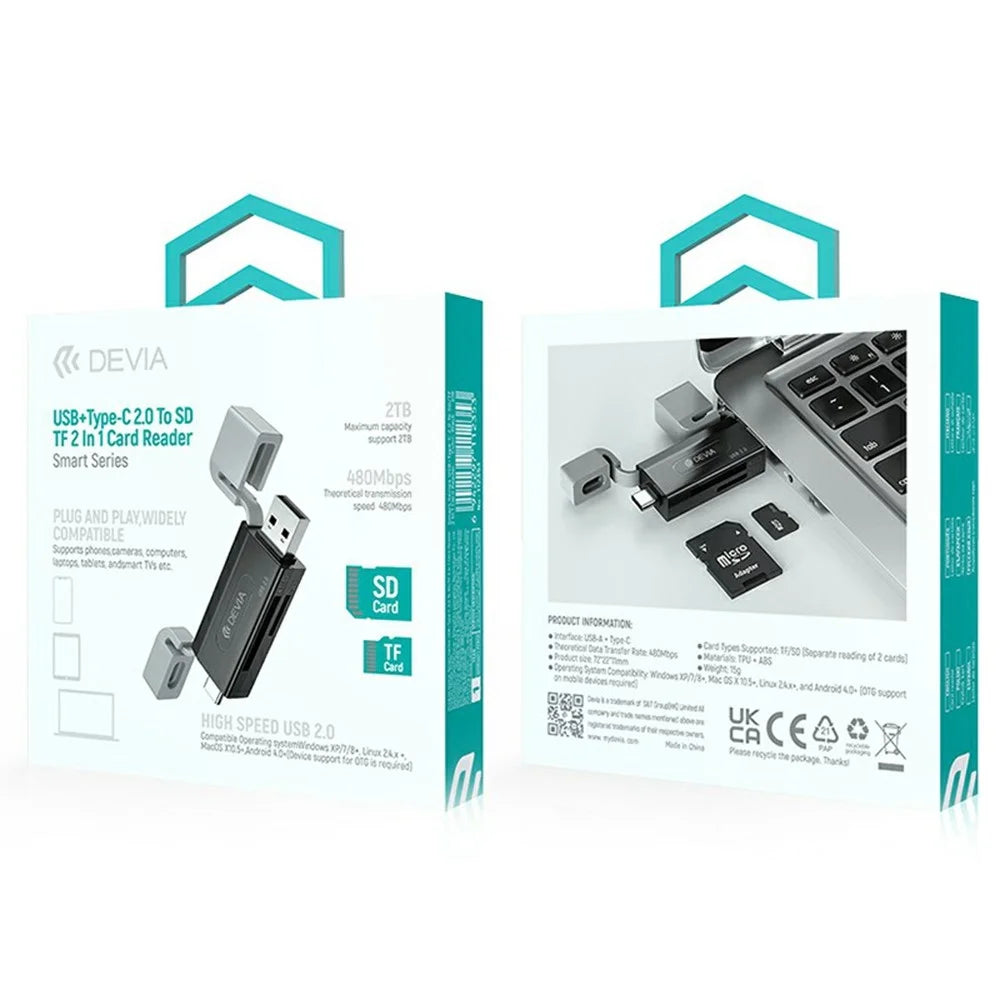 DEVIA Smart Series Dual USB + Type-C 2.0 to SD / TF 2 In 1 Card Reader - Black - 7
