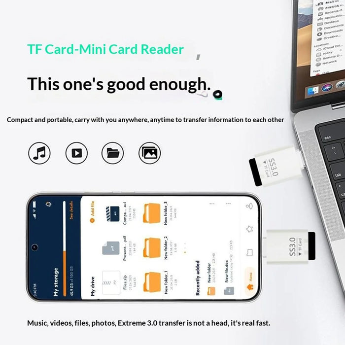 SS3.0 USB-C TF Card Reader Mini Type-C to MicroSD High Speed 3.0 Adapter for Windows  /  MacOS  /  Linux  /  Android  /  iOS - White - 6