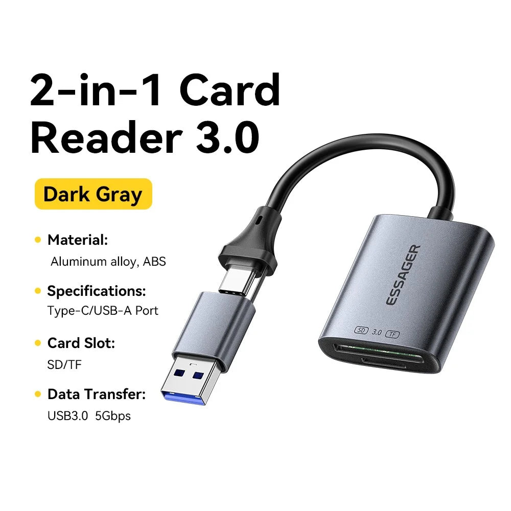 ESSAGER ES-DK04 3.0 2 in 1 Card Reader USB 3.0 5Gbps Type-C USB-A SD TF Card Reader - Dark Grey - 2