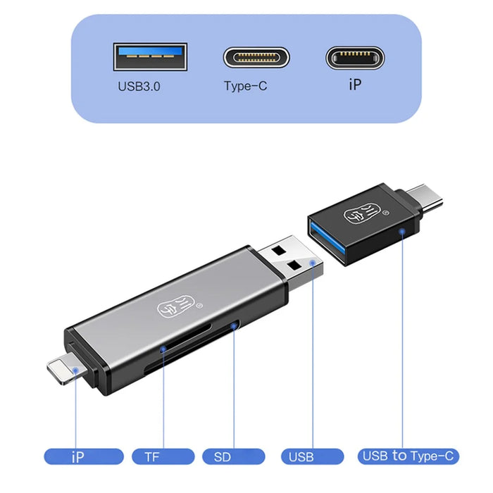 KAWAU C350TL iP+USB3.0+Type-C Card Reader Adapter Support SD / TF Card Aluminum Alloy Cellphone OTG Card Reader - 4