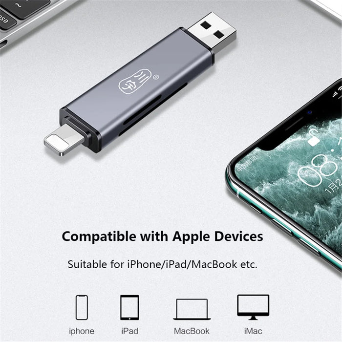 KAWAU C350TL iP+USB3.0+Type-C Card Reader Adapter Support SD / TF Card Aluminum Alloy Cellphone OTG Card Reader - 6