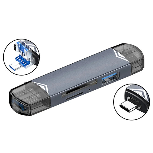 MICRODRIVE 6-in-1 Aluminum Alloy Card Reader with USB2.0 / Type-C Plug - Grey - 1