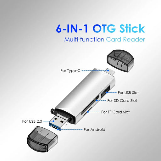 MICRODRIVE 6-in-1 Aluminum Alloy Card Reader with USB2.0 / Type-C Plug - Grey - 2