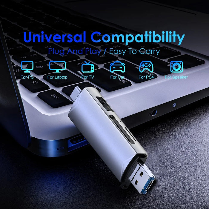 MICRODRIVE 6-in-1 Aluminum Alloy Card Reader with USB2.0 / Type-C Plug - Grey - 3