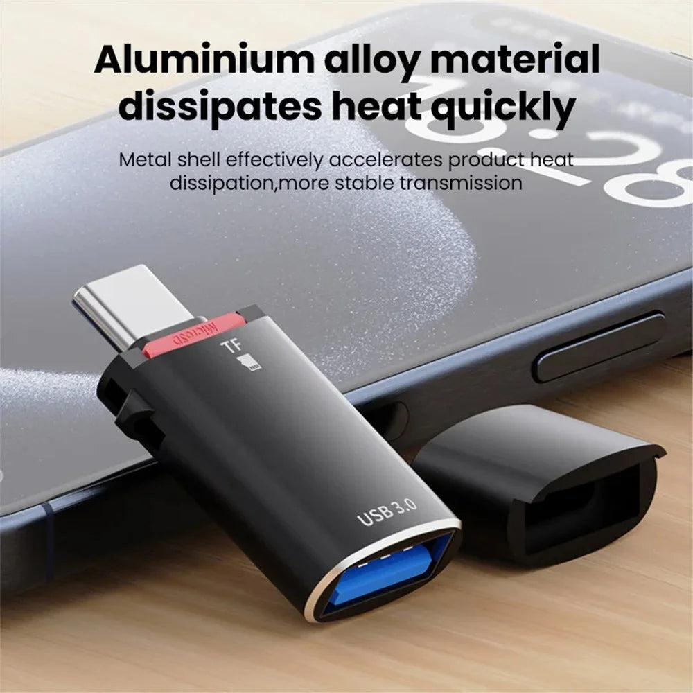 JS-72 High-Speed USB 3.0 Converter Type-C OTG Adapter with TF Card, USB Drive 2-in-1 Card Reader - Black - 5
