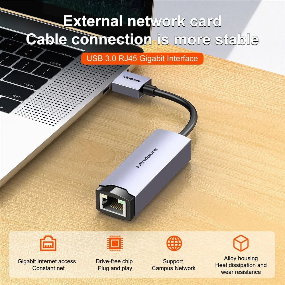 MINDPURE UR004 USB3.0 to RJ45 Gigabit Ethernet Adapter High-Speed Network Connector - 2