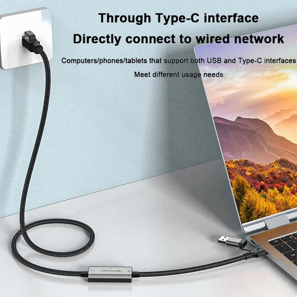 1.2m USB C + USB to RJ45 Ethernet LAN Cable 2 in 1 Gigabit Ethernet Adapter Cable for iPhone 15 Series / Macbook Pro - 4