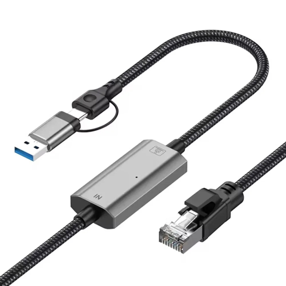 3m USB C + USB to RJ45 Ethernet LAN Cable 2 in 1 Gigabit Ethernet Adapter Cable for iPhone 15 Series / Macbook Pro - 1