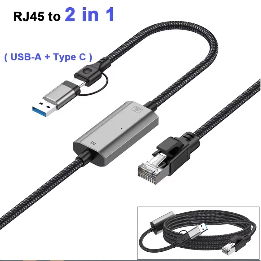 3m USB C + USB to RJ45 Ethernet LAN Cable 2 in 1 Gigabit Ethernet Adapter Cable for iPhone 15 Series / Macbook Pro - 2