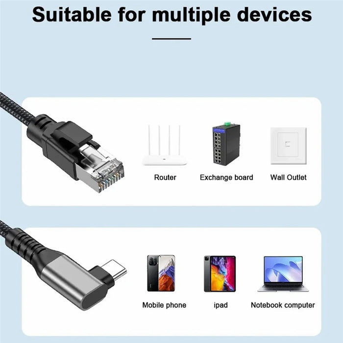 3m Elbow USB-C to Ethernet Adapter Cable 1000 / 100 / 10Mbps Gigabit RJ45 LAN Network Wire - 6