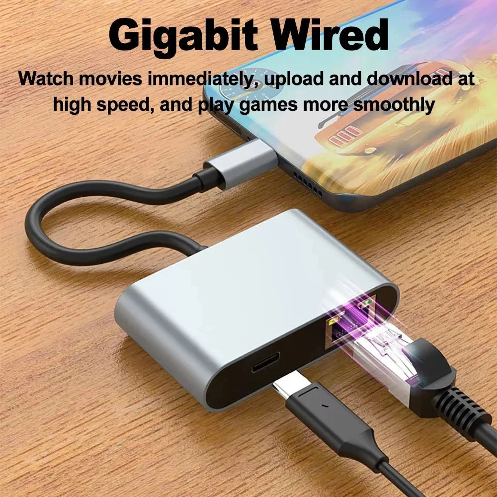 Type C 4 in 1 Gigabit Ethernet Adapter USB C to 1000Mbps RJ45  /  PD 60W  /  USB Hub Converter - 2