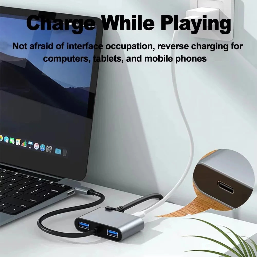 Type C 4 in 1 Gigabit Ethernet Adapter USB C to 1000Mbps RJ45  /  PD 60W  /  USB Hub Converter - 4