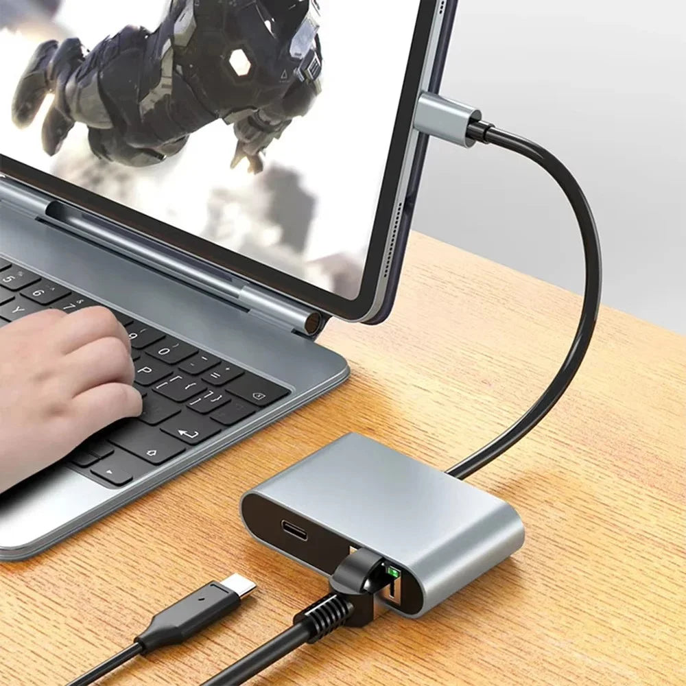 Type C 4 in 1 Gigabit Ethernet Adapter USB C to 1000Mbps RJ45  /  PD 60W  /  USB Hub Converter - 7