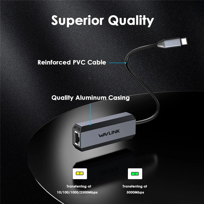 WAVLINK WL-NWU341G USB-C to 5000Mbps RJ45 LAN Ethernet Laptop Network Adapter - 6