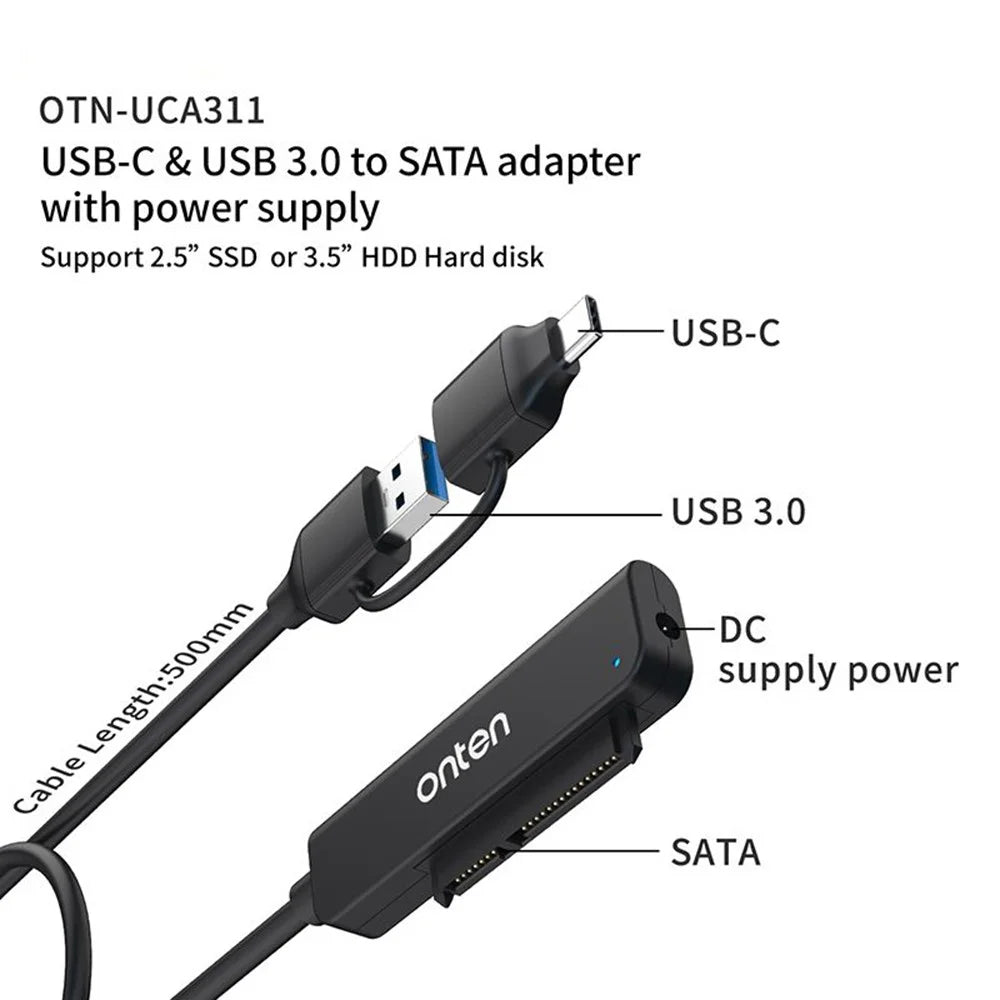 ONTEN UCA311 USB A + USB C to SATA Converter with Power Supply for 2.5 Inch HDD / SSD - 7