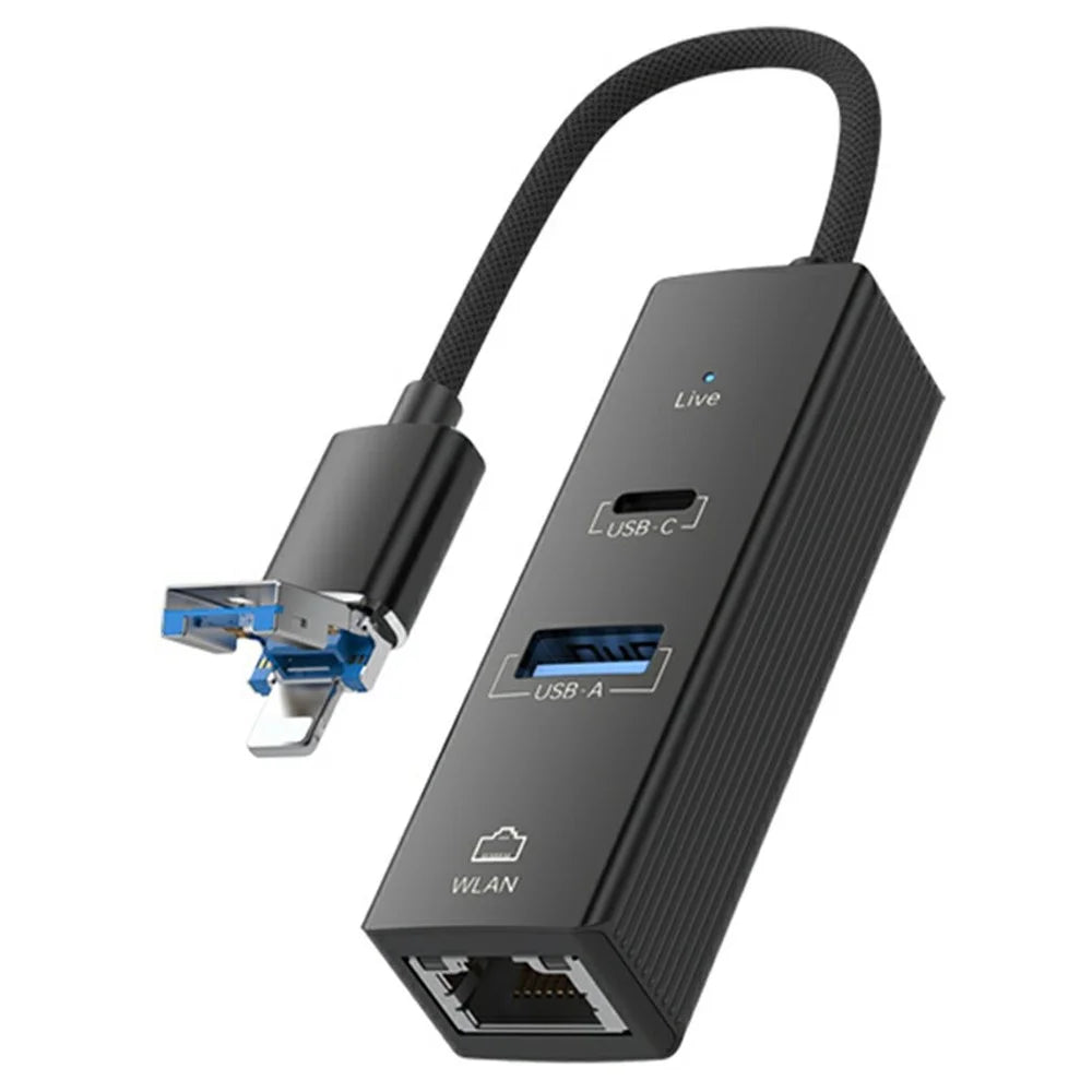 8Pin / USB to USB-A USB-C RJ45 Network Adapter 100Mbps Ethernet Connector - Black - 1