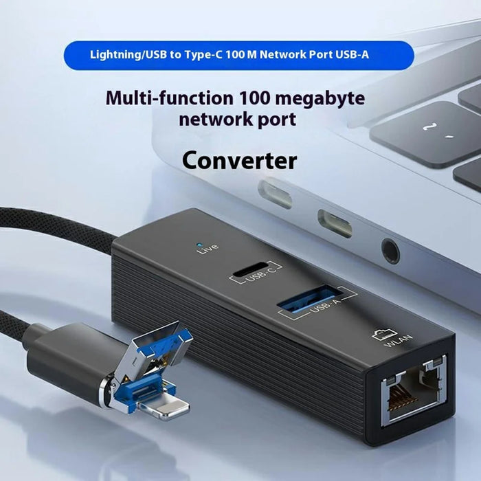 8Pin / USB to USB-A USB-C RJ45 Network Adapter 100Mbps Ethernet Connector - Black - 3