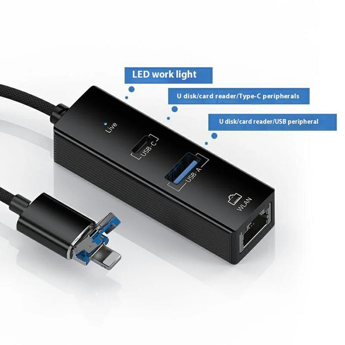 8Pin / USB to USB-A USB-C RJ45 Network Adapter 100Mbps Ethernet Connector - Black - 4