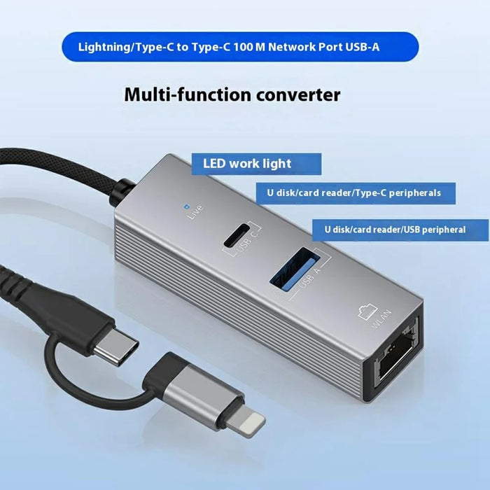8Pin / Type-C to USB-A USB-C RJ45 Network Adapter Aluminum Alloy 100Mbps Ethernet Connector - Silver - 2