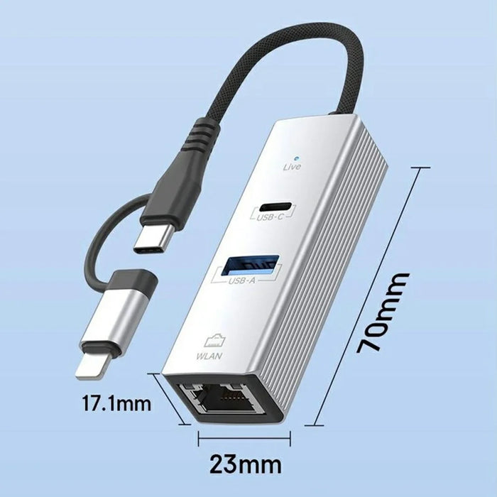 8Pin / Type-C to USB-A USB-C RJ45 Network Adapter Aluminum Alloy 100Mbps Ethernet Connector - Silver - 7