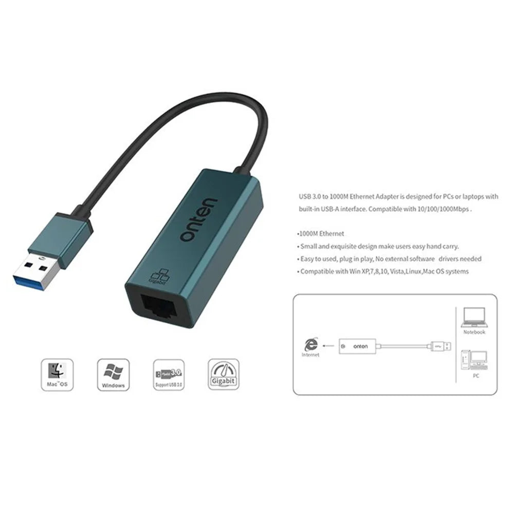 ONTEN 5225 USB 3.0 to RJ45 1000M Network Converter Aluminum Alloy Gigabit Ethernet Adapter - 6