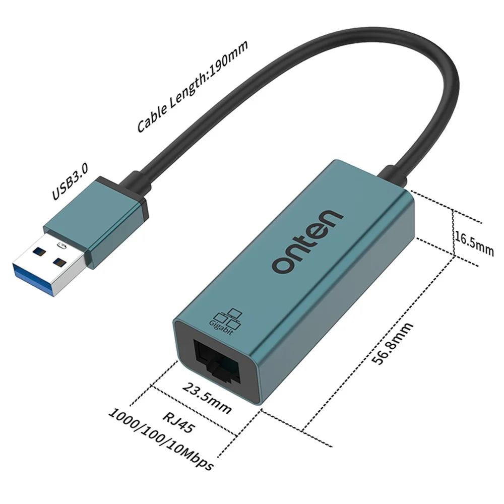 ONTEN 5225 USB 3.0 to RJ45 1000M Network Converter Aluminum Alloy Gigabit Ethernet Adapter - 7