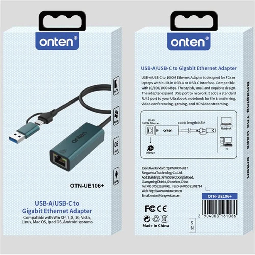 ONTEN UE106+ USB / Type-C Network Adapter 1000M Gigabit Ethernet Connector - 6