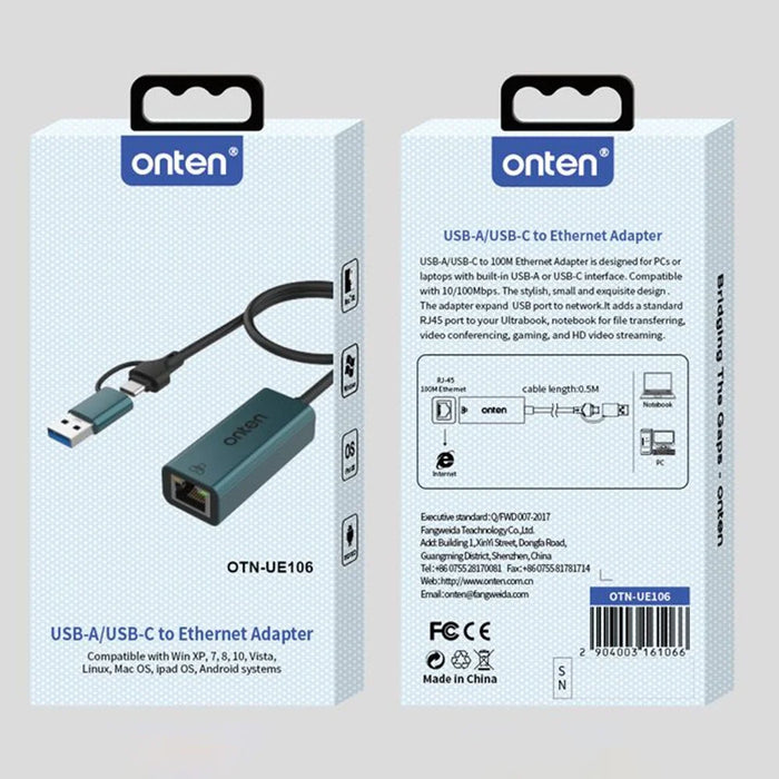 ONTEN UE106 USB 2.0 / Type-C to RJ45 Network Adapter 100M / 10M Ethernet Converter - 6
