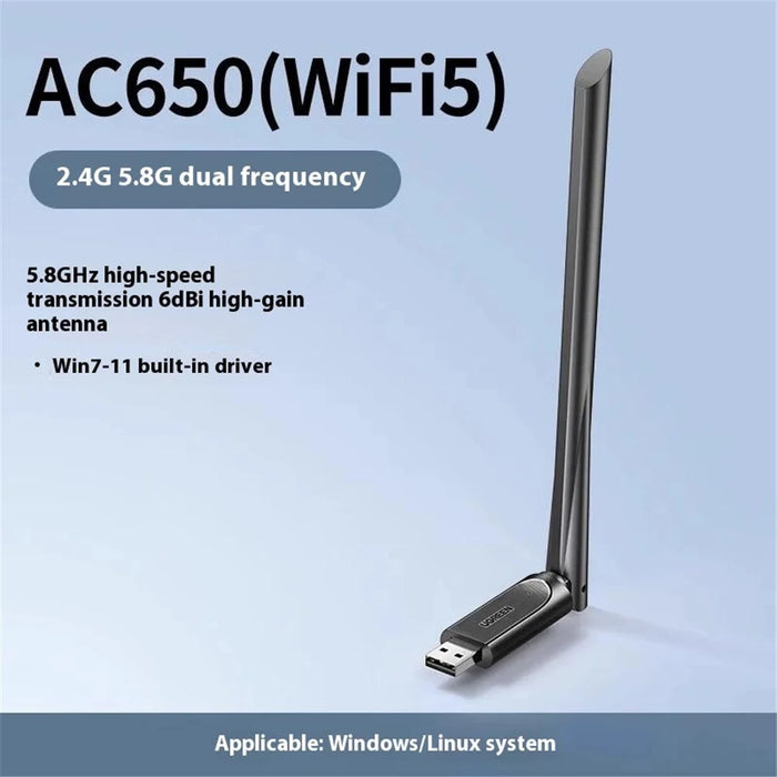 UGREEN AC650 CM496 90339 WiFi Adapter 5G Dual Band 650Mbps Gigabit High Gain USB Wireless Network Card - 2