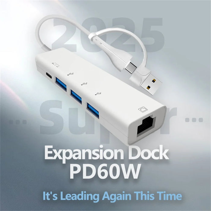 AJ1027 USB + Type-C Dual Port 5 in 1 Adapter Type-C 3xUSB RJ45 Ethernet Network Hub - 2